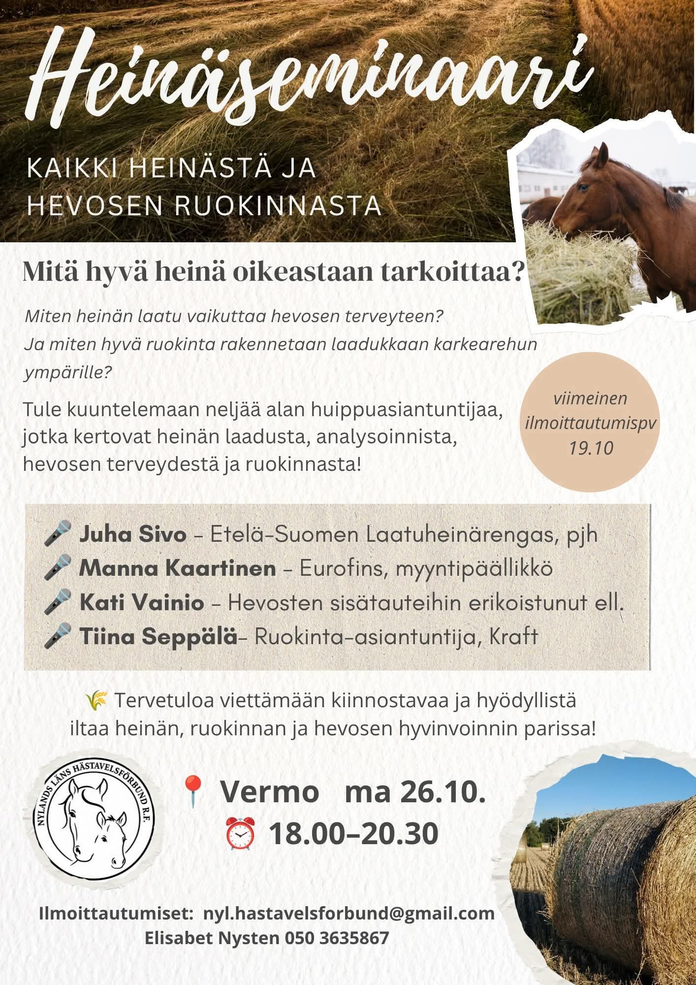 Heinäseminaarin juliste: Kaikki heinästä ja hevosen ruokinnasta, Vermo ma 26.10. klo 18–20.30